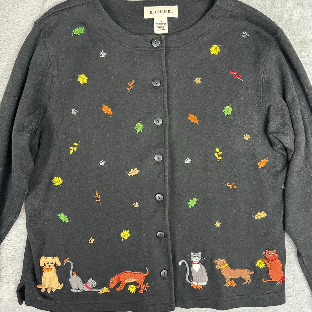 Vintage Bechamel Autumn Cat Dog Leaf Cardigan Sweater M Embroidered Retro 90s